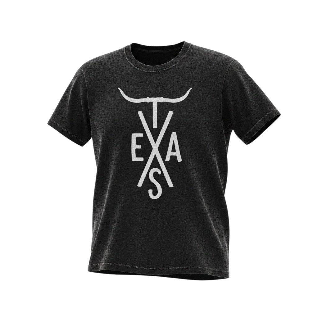 Tea Shirt Shoppe Wholesale black graphic t-shirt with white Texas Longhorn and TEXAS text graphic.