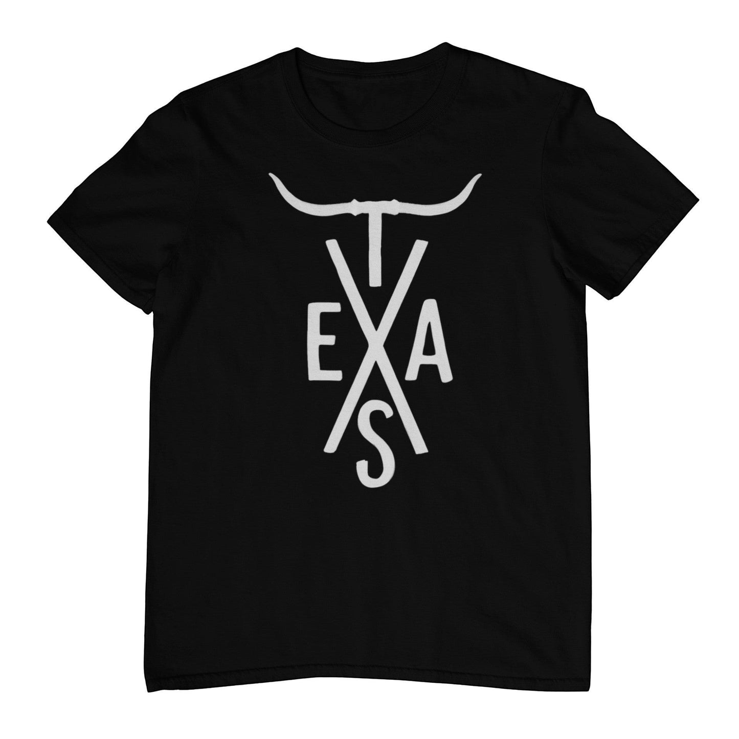 Tea Shirt Shoppe Wholesale black graphic t-shirt with white Texas Longhorn and TEXAS text graphic.