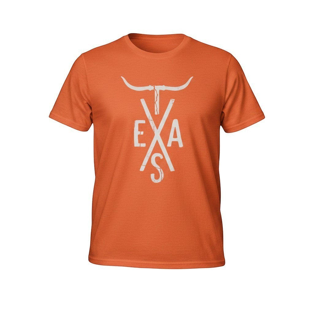 Tea Shirt Shoppe Wholesale burnt orange graphic t-shirt with white Texas Longhorn and TEXAS text graphic.