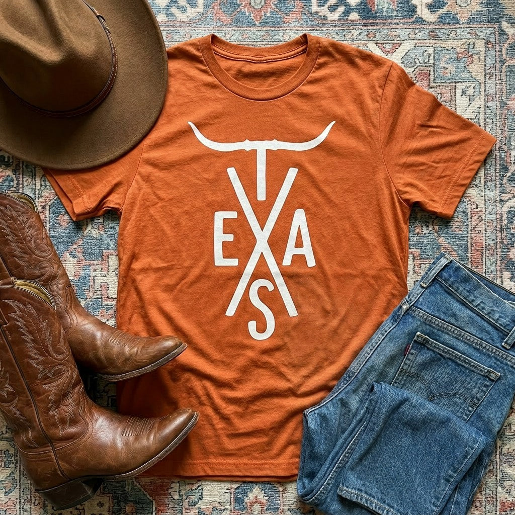 Tea Shirt Shoppe Wholesale burnt orange graphic t-shirt with white Texas Longhorn and "TEXAS" text. Short sleeves, crew neck.