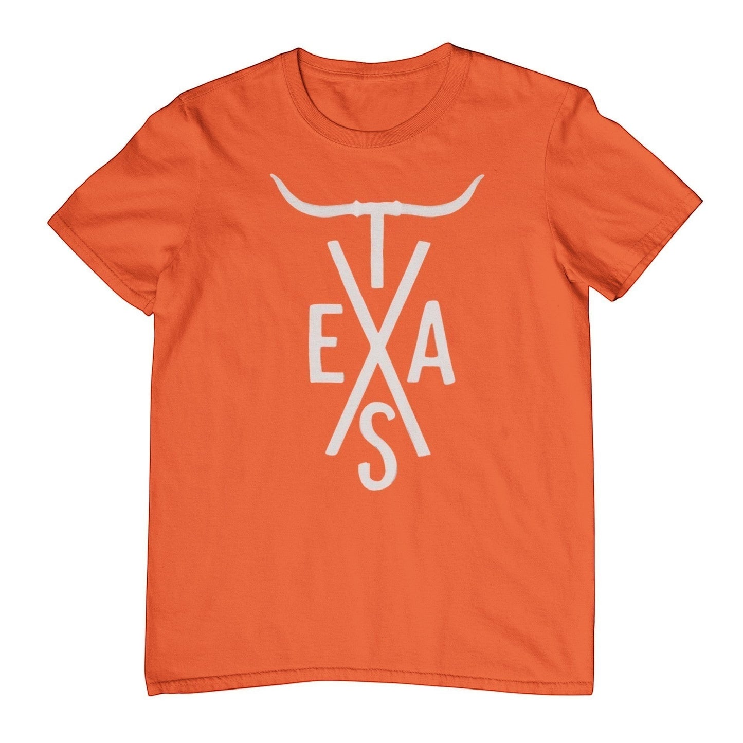 Tea Shirt Shoppe Wholesale burnt orange graphic t-shirt featuring a white Texas longhorn logo and text design.