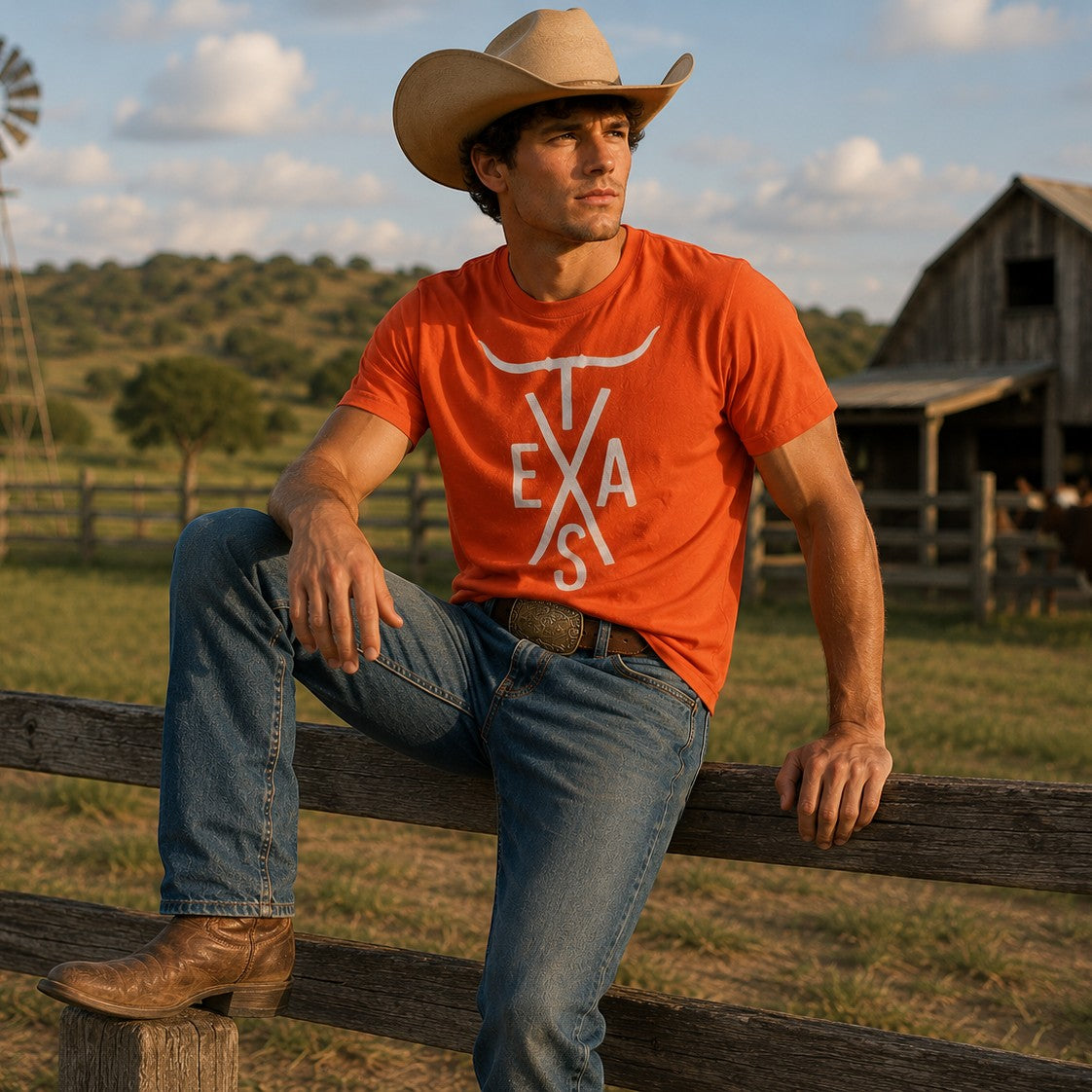 Man in a Tea Shirt Shoppe Wholesale burnt orange Texas graphic t-shirt, cowboy hat, and jeans on a ranch fence.