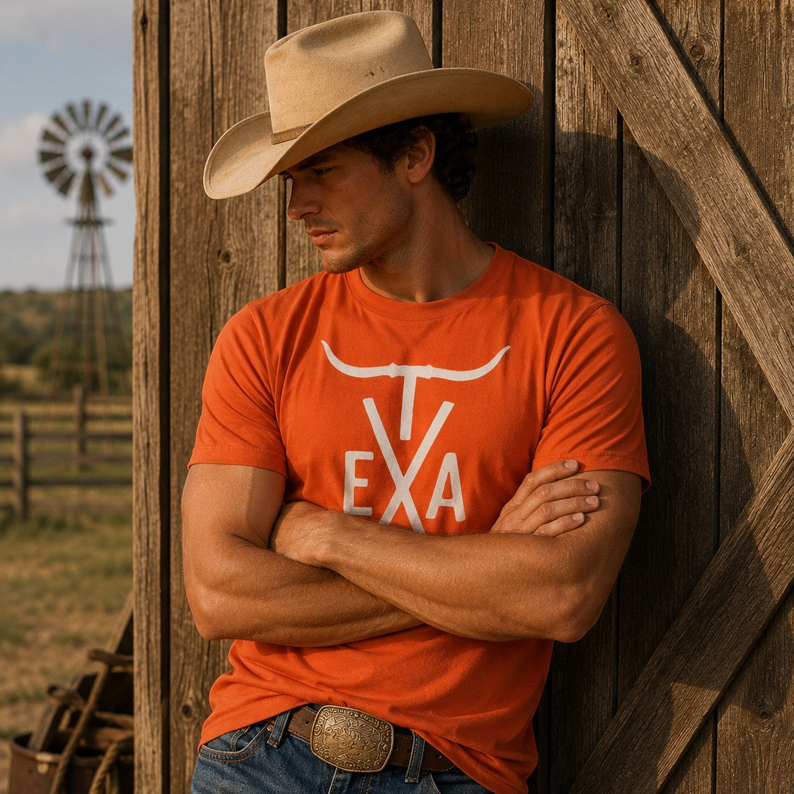 Tea Shirt Shoppe Wholesale burnt orange Texas Longhorn graphic t-shirt worn by a man in a cowboy hat by a barn.