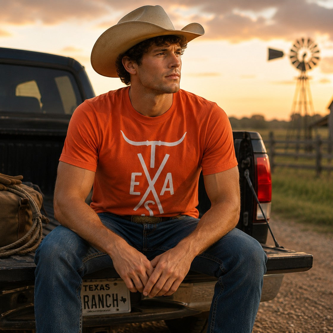 Man in a Tea Shirt Shoppe Wholesale burnt orange Texas Longhorn graphic t-shirt and cowboy hat sitting on a truck bed.