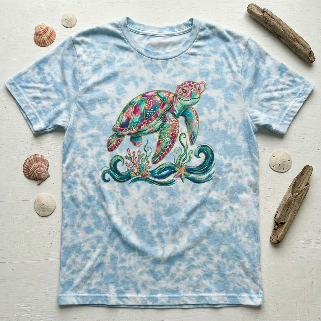 Tea Shirt Shoppe Wholesale light blue tie-dye 100% cotton t-shirt with a colorful sea turtle graphic.