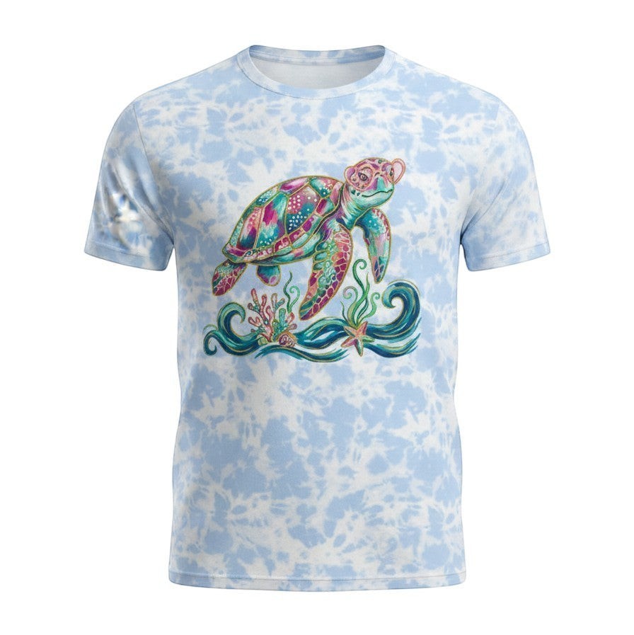 Tea Shirt Shoppe Wholesale light blue tie-dye 100% cotton t-shirt with a colorful sea turtle graphic.