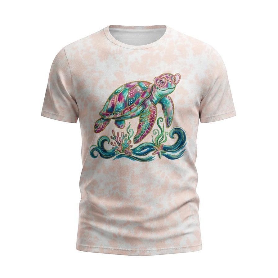 Tea Shirt Shoppe Wholesale tie dye graphic tee with a colorful sea turtle wearing pink glasses, 100% cotton.