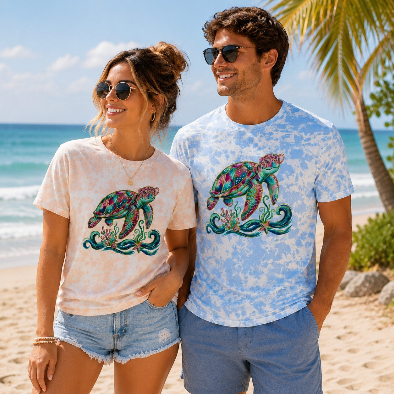 Tea Shirt Shoppe Wholesale tie-dye graphic tee with a colorful sea turtle design, available in peach and sky blue.