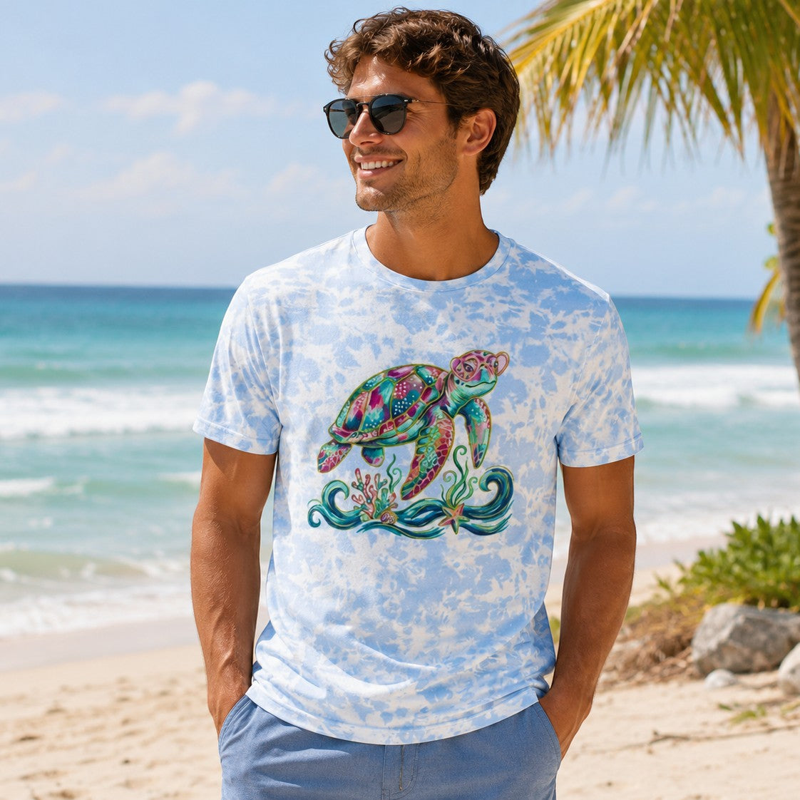 Tea Shirt Shoppe Wholesale light blue tie-dye t-shirt with a colorful graphic sea turtle and coral.