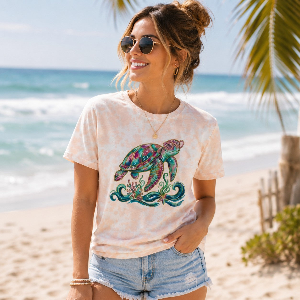 Tea Shirt Shoppe Wholesale tie-dye peach graphic tee with a colorful sea turtle and coral design.