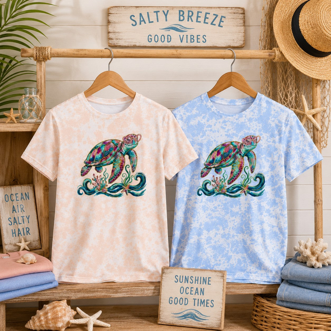 Tea Shirt Shoppe Wholesale tie-dye graphic tee with a preppy turtle design in peach and sky blue.