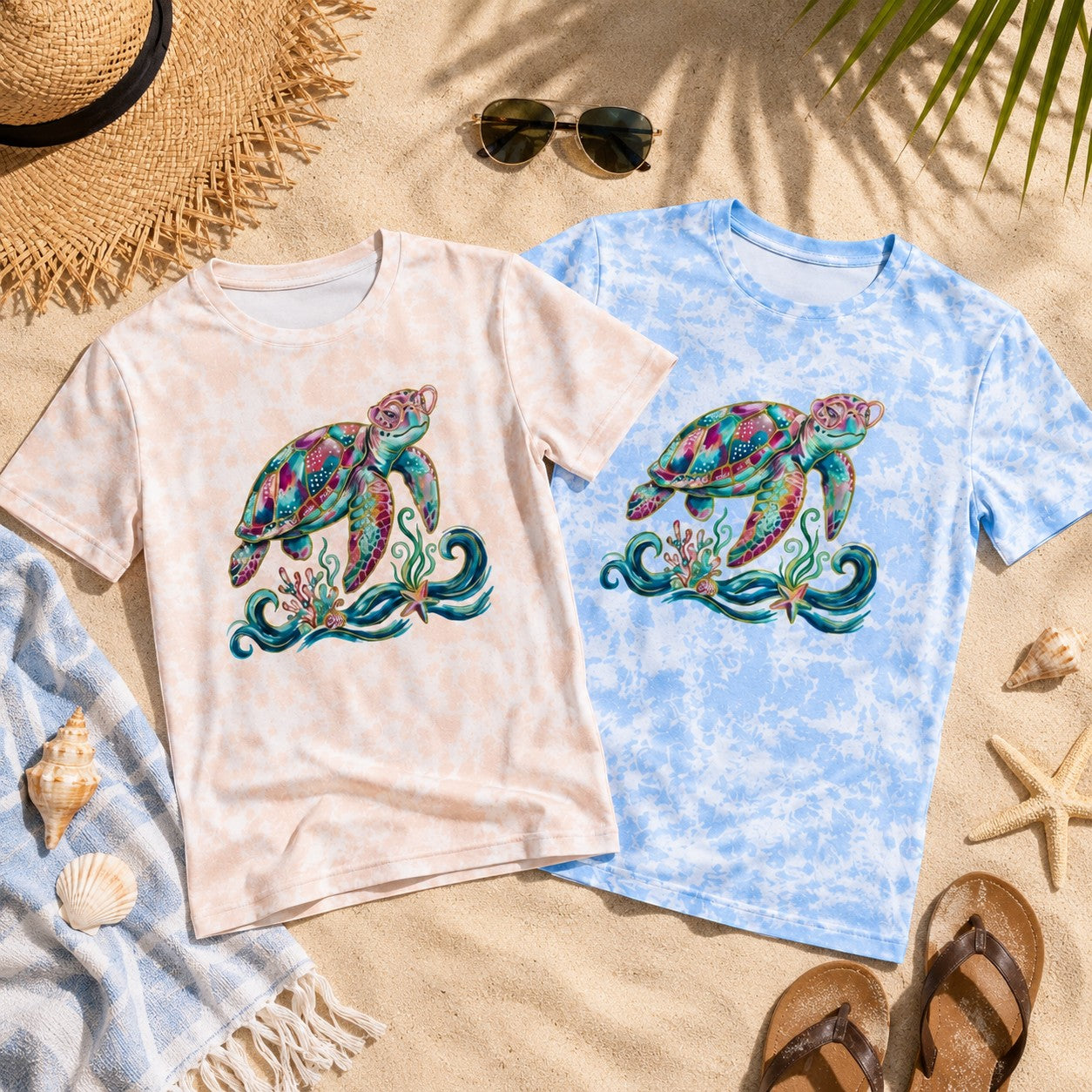 Tea Shirt Shoppe Wholesale tie-dye graphic tee with a colorful sea turtle and coral design, available in peach and sky blue.