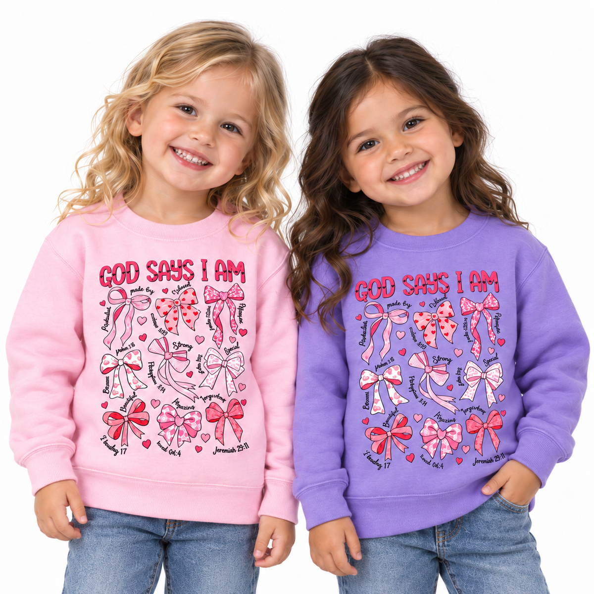Two smiling toddlers wearing Tea Shirt Shoppe Wholesale pink and purple crewneck sweatshirts with bow graphic prints.