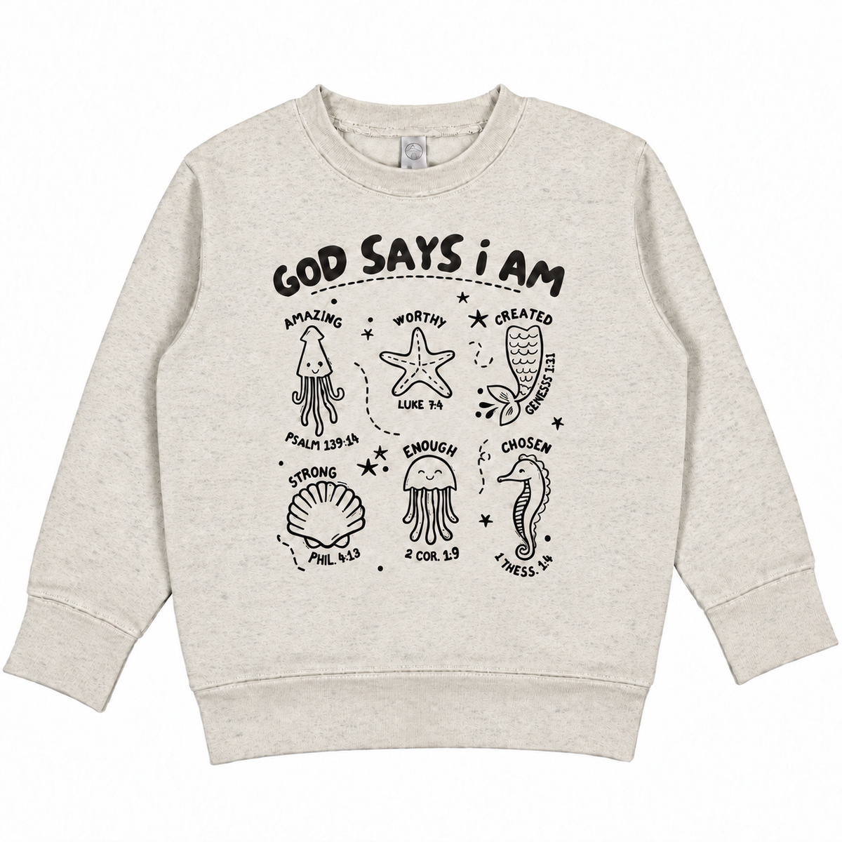 Tea Shirt Shoppe Wholesale toddler sweatshirt in oatmeal featuring black ocean creature illustrations and scripture.
