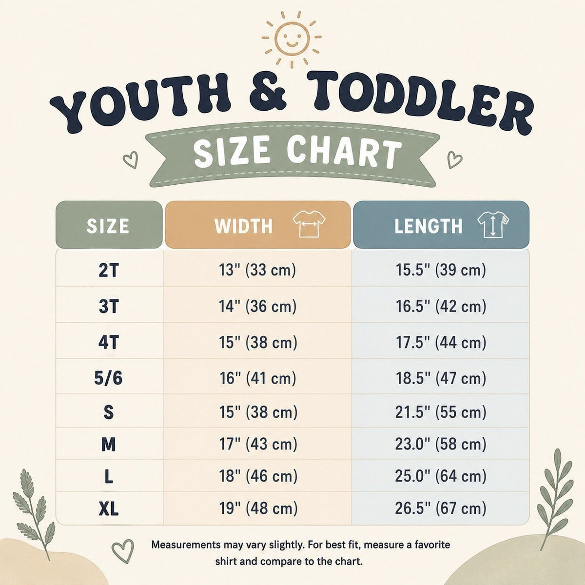 Tea Shirt Shoppe Wholesale youth and toddler size chart with width and length measurements in inches and centimeters