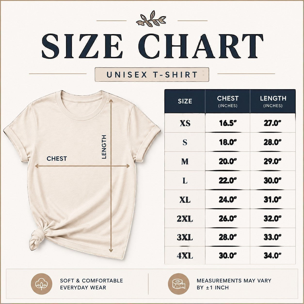 Tea Shirt Shoppe Wholesale unisex t-shirt size chart with chest and length measurements in inches.
