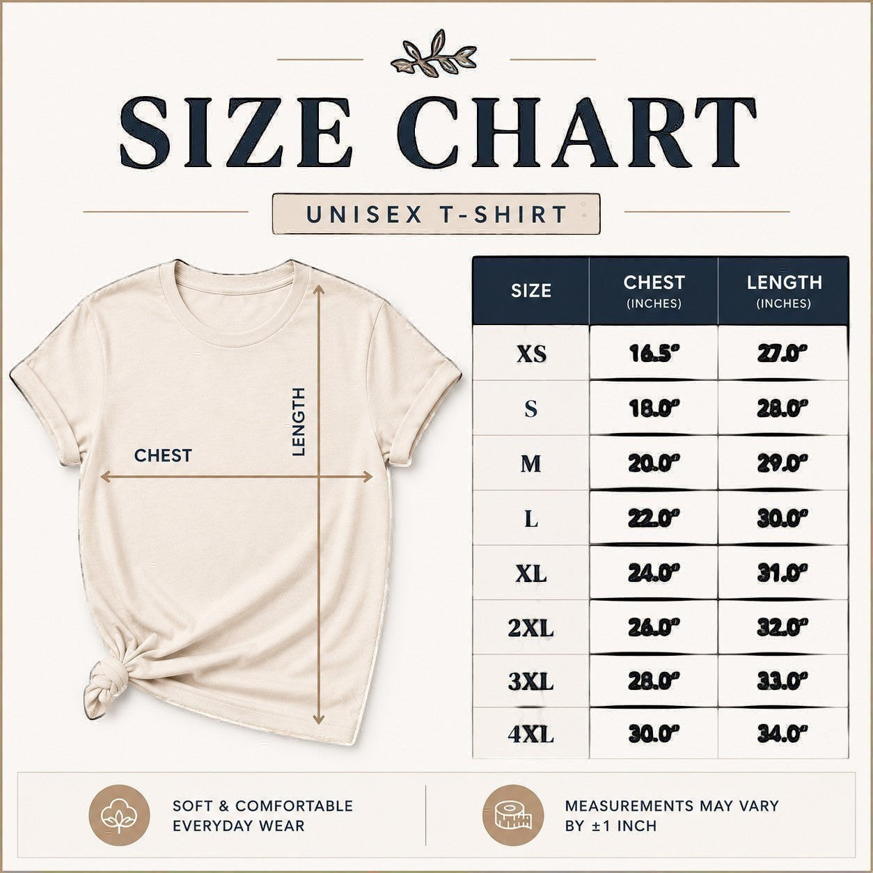 Tea Shirt Shoppe Wholesale unisex t-shirt size chart with chest and length measurements for sizes XS-4XL.