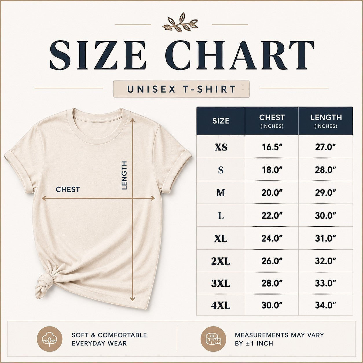 Tea Shirt Shoppe Wholesale unisex t-shirt size chart with chest and length measurements for sizes XS-4XL. 100% cotton.
