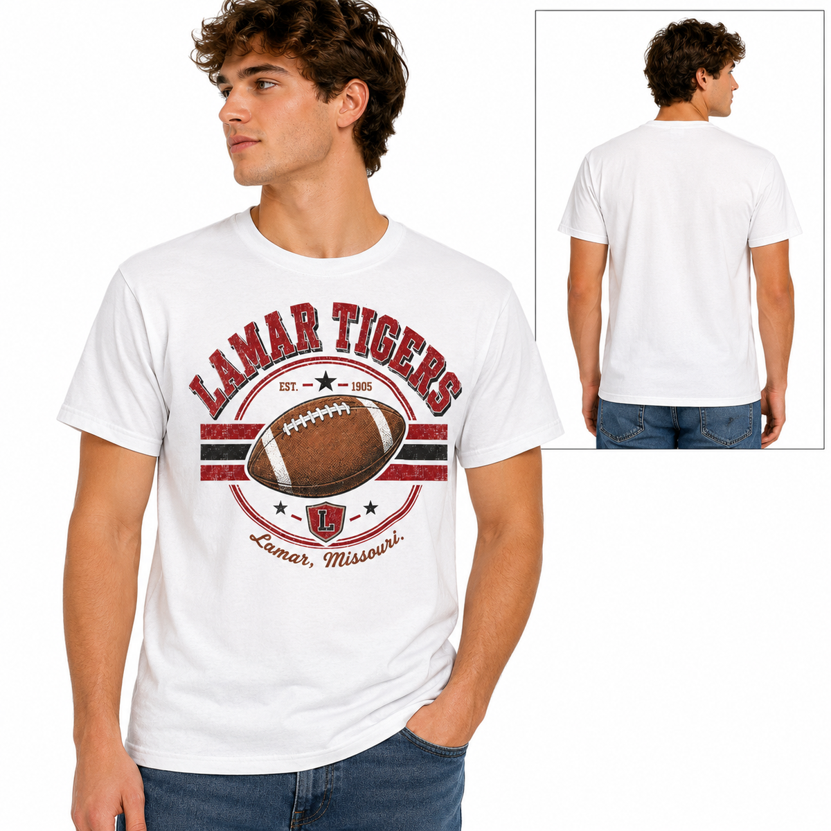 Tea Shirt Shoppe Wholesale white Comfort Colors graphic tee featuring a Lamar Tigers football design on a male model