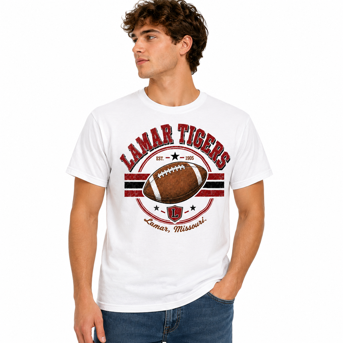 Tea Shirt Shoppe Wholesale white Comfort Colors graphic tee featuring a Lamar Tigers football design on a male model.