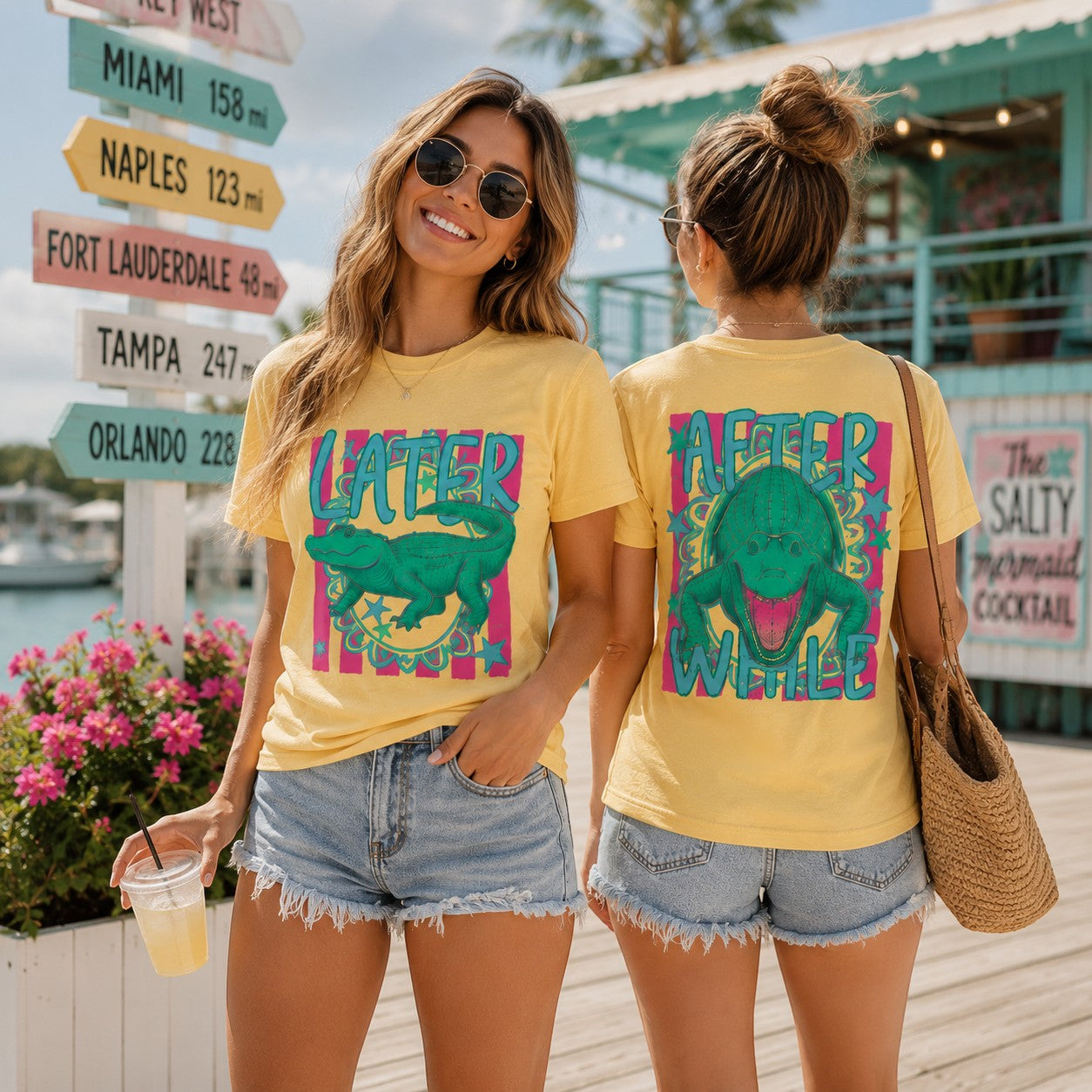 Tea Shirt Shoppe Wholesale yellow 100% cotton graphic tee with a green alligator and "Later" text on front.