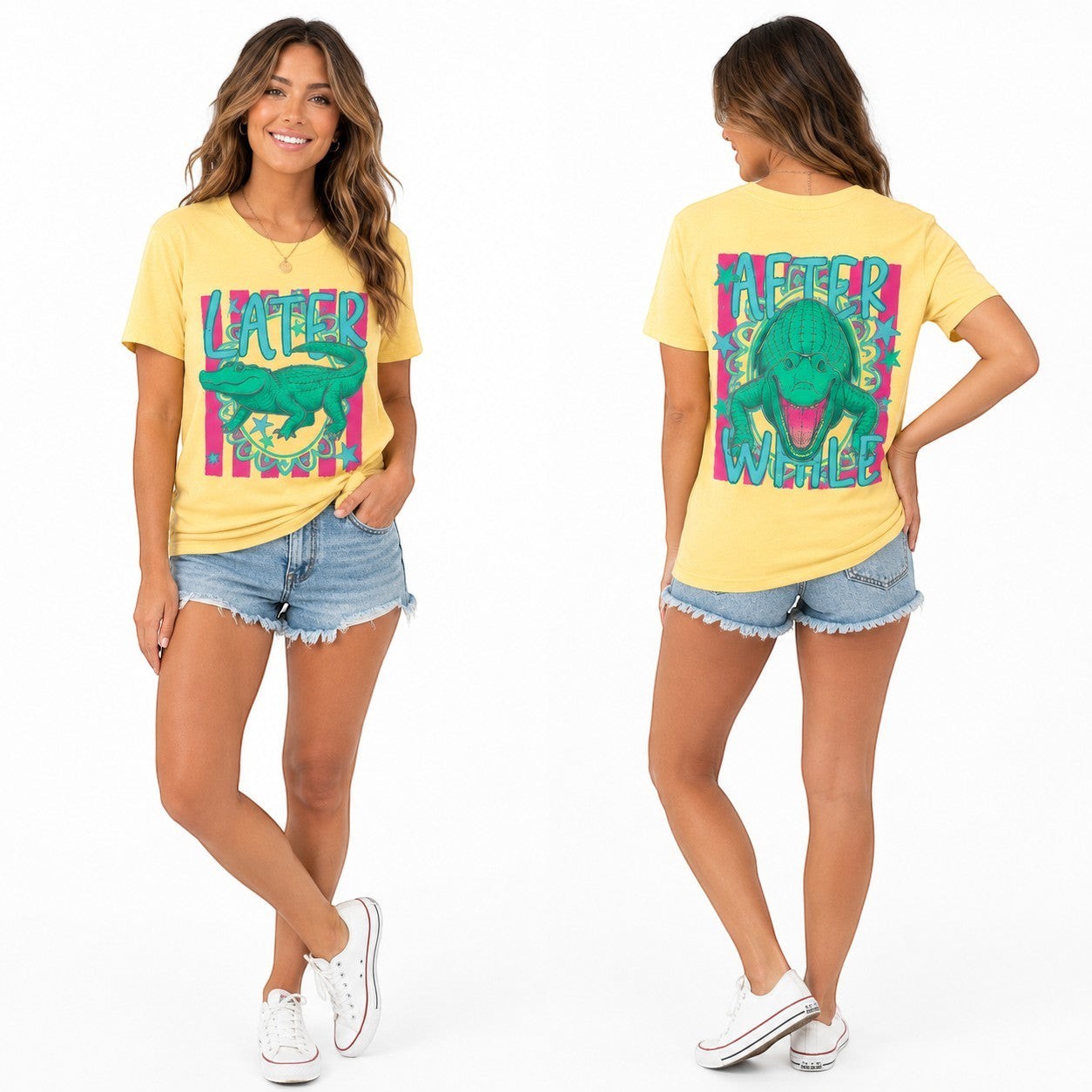 Tea Shirt Shoppe Wholesale yellow 100% cotton graphic tee with a green alligator and "Later" text on the front.