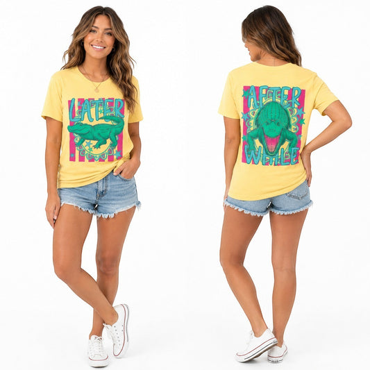 Tea Shirt Shoppe Wholesale yellow 100% cotton graphic tee with a green alligator and "Later" text on the front.