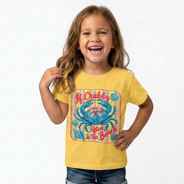 Tea Shirt Shoppe Wholesale yellow youth polyester t-shirt with a blue crab graphic that says "If Crabby Return To The Beach"
