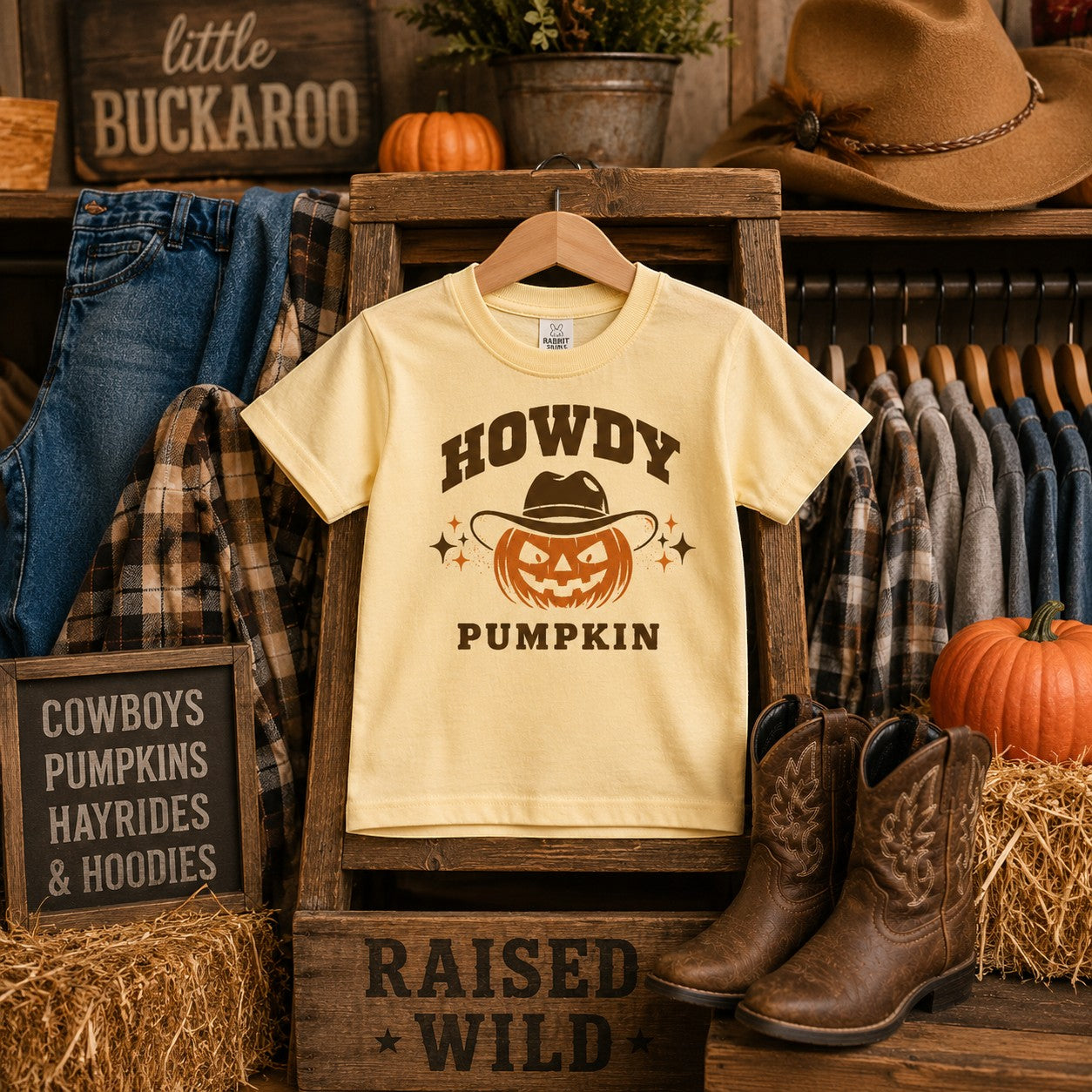 Tea Shirt Shoppe Wholesale buttery yellow graphic tee featuring a jack-o'-lantern wearing a cowboy hat for kids