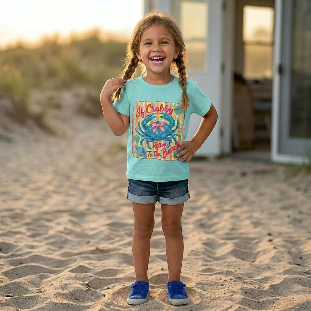 Tea Shirt Shoppe Wholesale youth graphic tee in aqua blue with a crab graphic that says "If Crabby Return To The Beach".