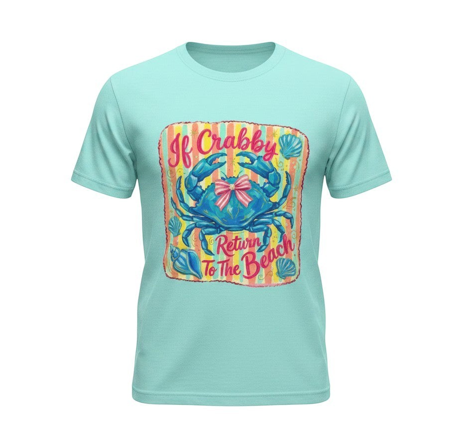 Tea Shirt Shoppe Wholesale youth graphic tee in aqua blue with a blue crab graphic and "If Crabby Return To The Beach" text. 100% polyester.