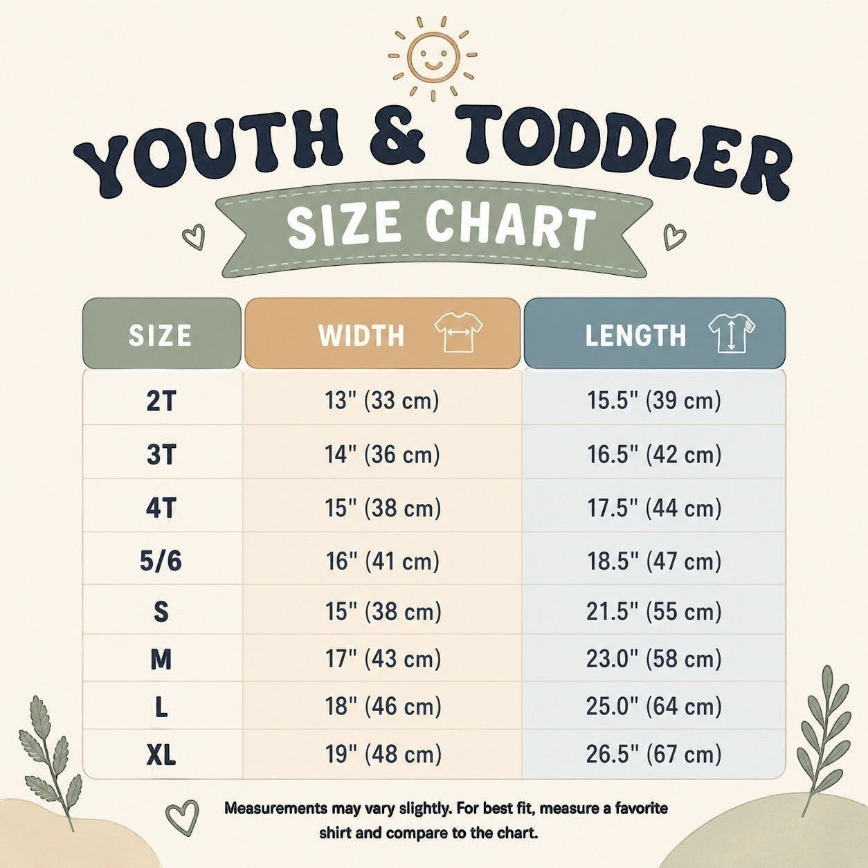 Tea Shirt Shoppe Wholesale Youth & Toddler size chart with measurements for width and length in inches and cm.