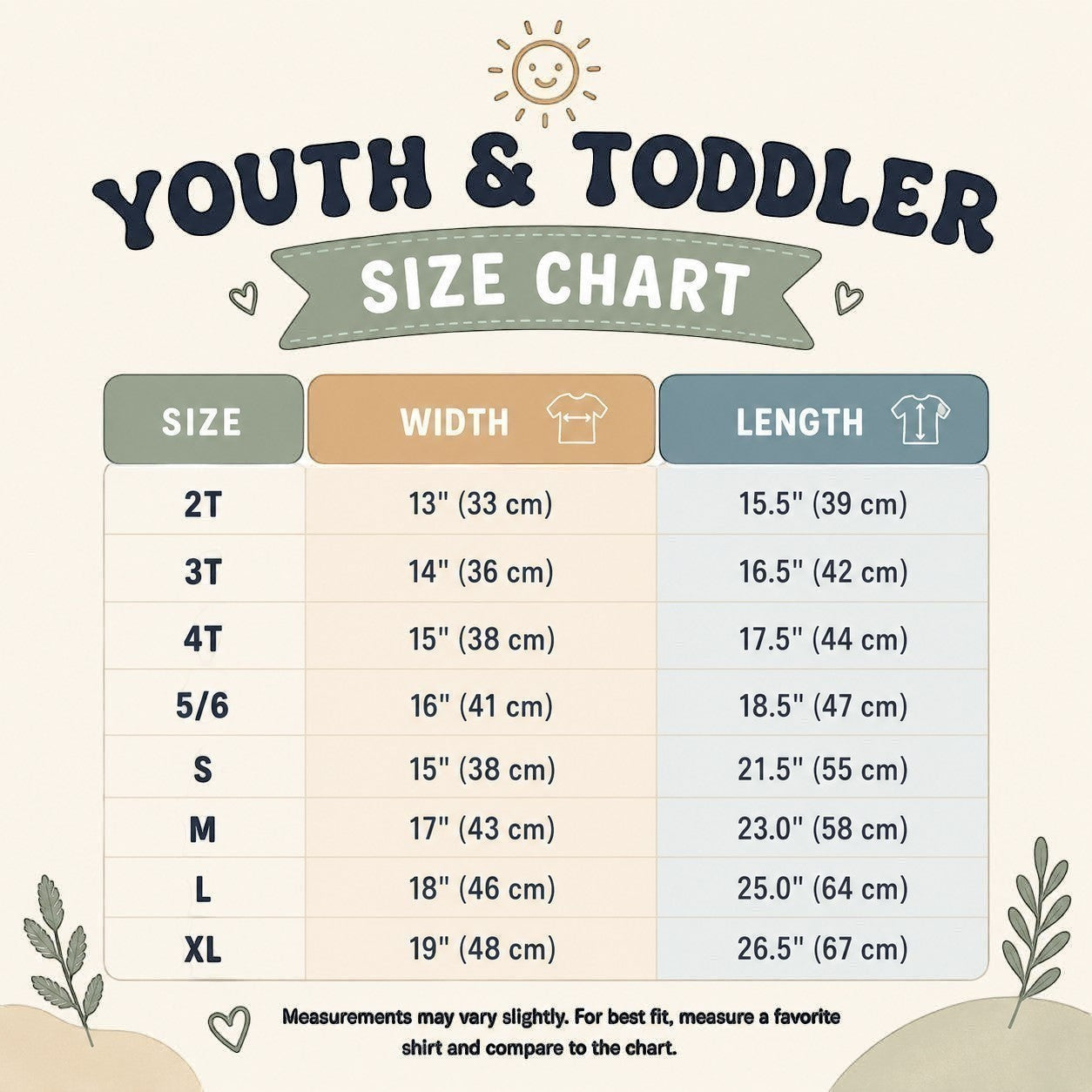 Tea Shirt Shoppe Wholesale Youth & Toddler size chart for t-shirts, showing size, width, and length measurements in cm.